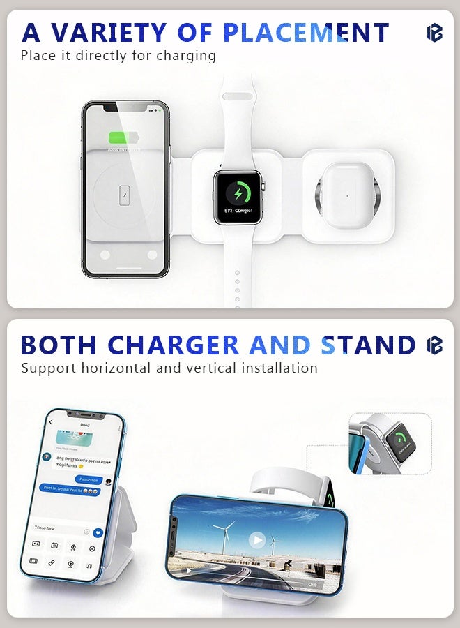 بازار شاحن لاسلكي مغناطيسي قابل للطي 3 في 1 مع محول USB-C بقوة 20 وات - محطة شحن سريعة لسلسلة iPhone 16/15/14/13/12، Apple Watch Ultra/10/9/8/7/6/5/4/3/2/SE، AirPods Pro/3/2 (أبيض) - Image 3